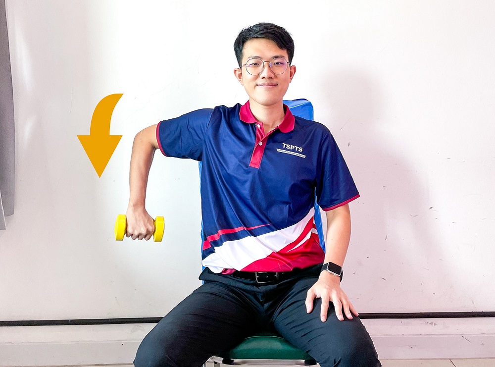 รูปที่ 1.2.3 ท่าออกกำลังกายเพิ่มความแข็งแรงของกล้ามเนื้อหมุนข้อไหล่ออกด้านในขณะกางแขนทำมุม 90 องศา (shoulder internal rotator muscles)