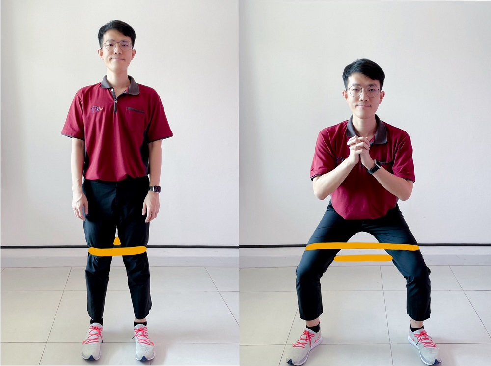 รูปที่ 2 แสดงท่าเริ่มต้น และท่าออกกำลังกายเพิ่มความแข็งแรงของกล้ามเนื้อเหยียดสะโพก (squat exercise) ตามลำดับ