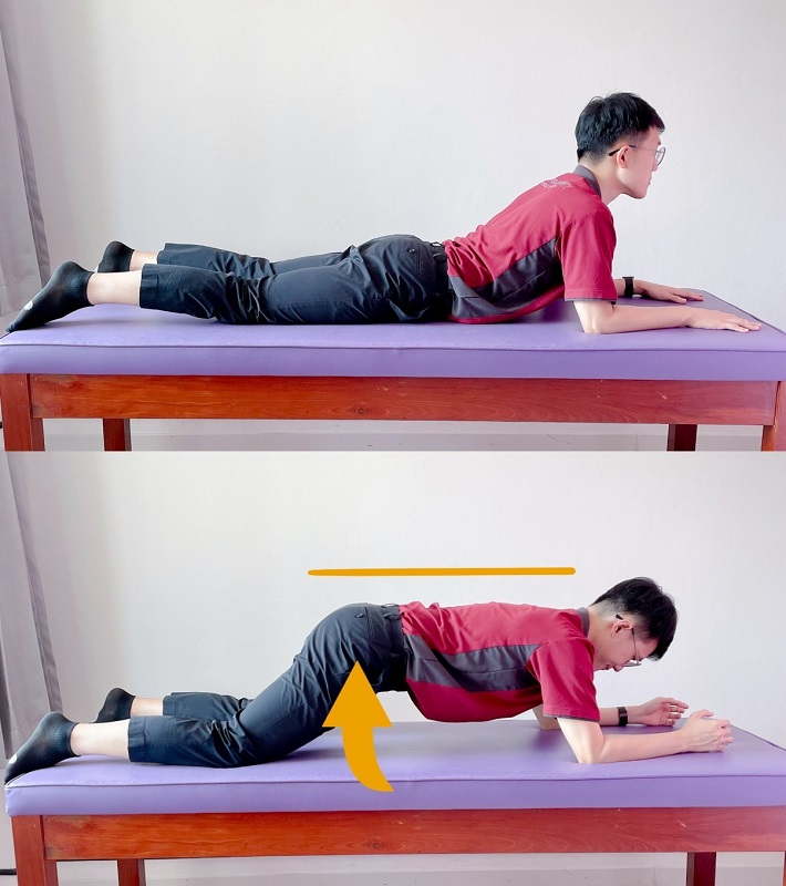 รูปที่ 3 แสดงท่าเริ่มต้น และท่าออกกำลังกายเพิ่มความแข็งแรงของกล้ามเนื้อแกนกลางลำตัว ท่าแพลงก์ (knee plank exercise)