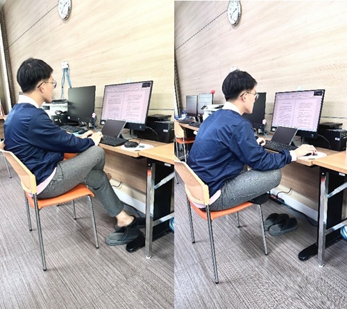 รูปที่ 2 แสดงท่านั่งไขว่ห้าง (sitting leg crossed) (ซ้าย) และท่านั่งขัดสมาธิบนเก้าอี้ทำงาน (cross sitting) (ขวา)