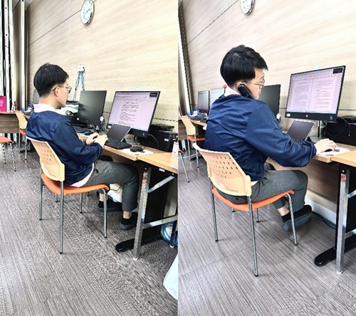 รูปที่ 3 แสดงท่ากึ่งนั่งกึ่งนอน (slump sitting) (ซ้าย) และท่าทางการหนีบโทรศัพท์ด้วยคอ (ขวา)