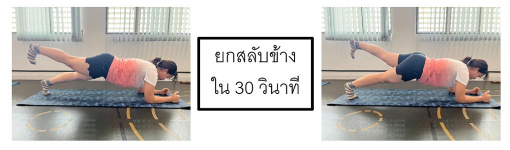 รูปที่ 8 ท่าแพล็งค์ วางบนศอก ร่วมกับเหยียดสะโพกขึ้น 2 ด้านสลับกัน ภายใน 30 วินาที