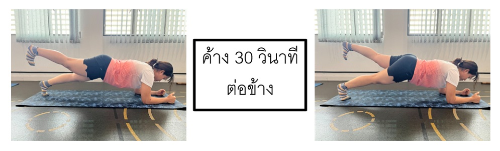 ตามรูปที่ 9 ท่าแพล็งค์ วางบนศอก ร่วมกับเหยียดสะโพกขึ้นทีละข้าง ค้าง 30 วินาที